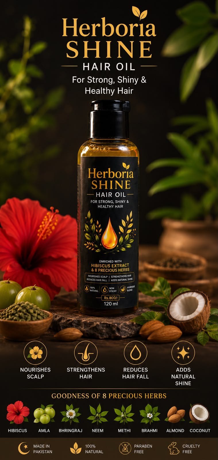 Herboria Shine hair oil benefits and eight precious herbs