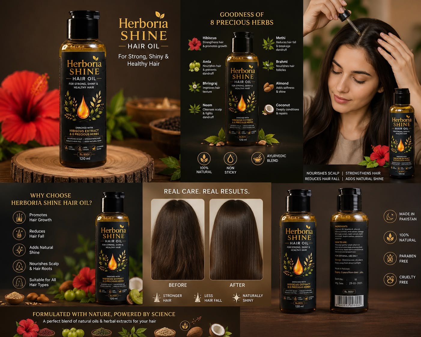 Herboria Shine hair oil campaign and usage images