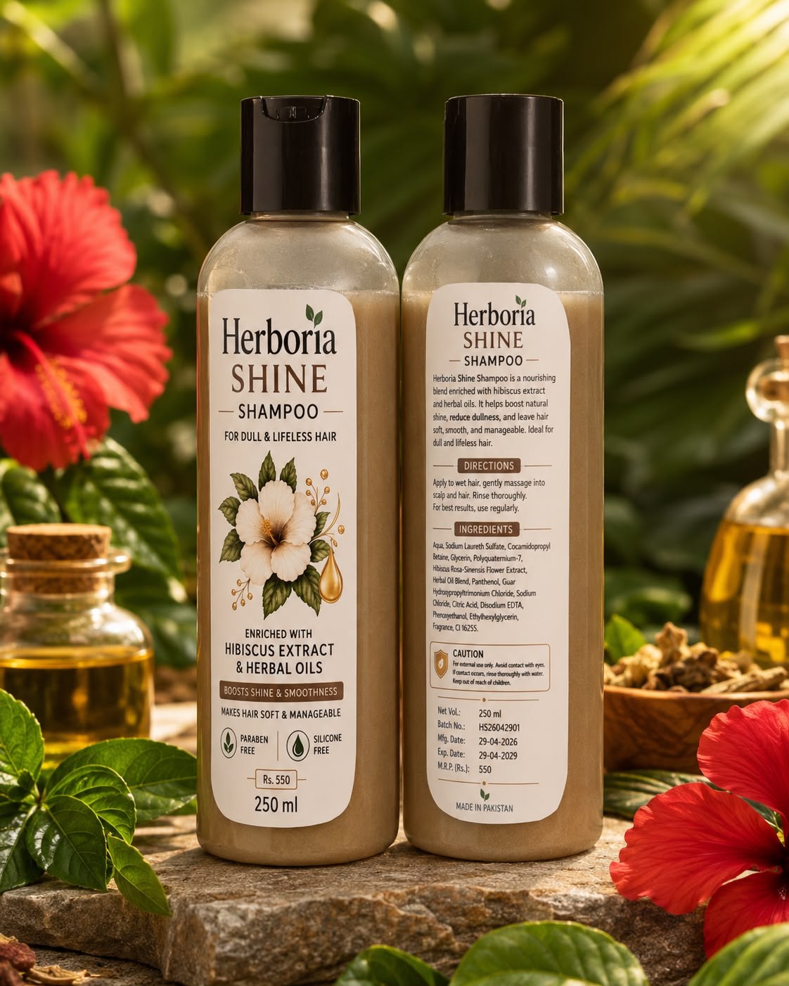 Herboria Shine shampoo bottles with natural herbs
